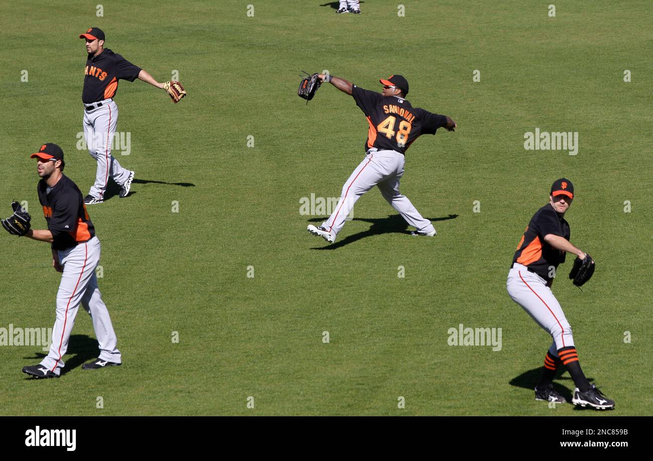 The San Francisco Giants' Hunter Pence leads the team in a cheer during the  celebration in the locker room following a series-clinching 6-3 win in Game  5 of the National League Championship