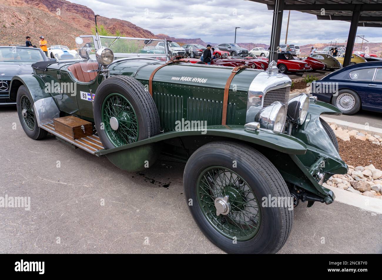 A rare British-built 1931 Bentley 8 Litre Tourer antique car in the Colorado Grand road rally.  Of the total 100 cars built, fewer than 25 were built Stock Photo