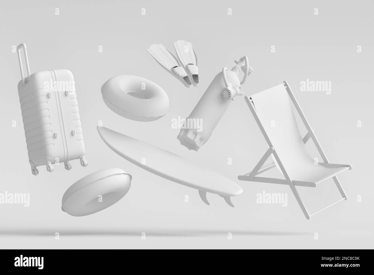 Colorful luggage with beach accessories and diving gear on monochrome