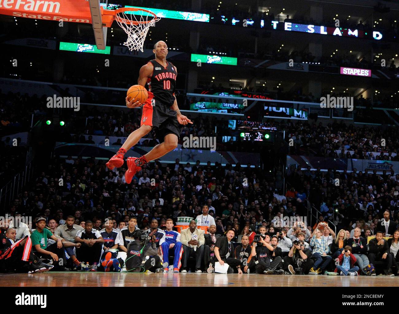 Toronto Raptors DeMar DeRozan dunks during the Slam Dunk Contest at the NBA basketball All Star weekend Saturday Feb. 19 2011 in Los Angeles. AP Photo Mark J. Terrill Stock Photo Alamy