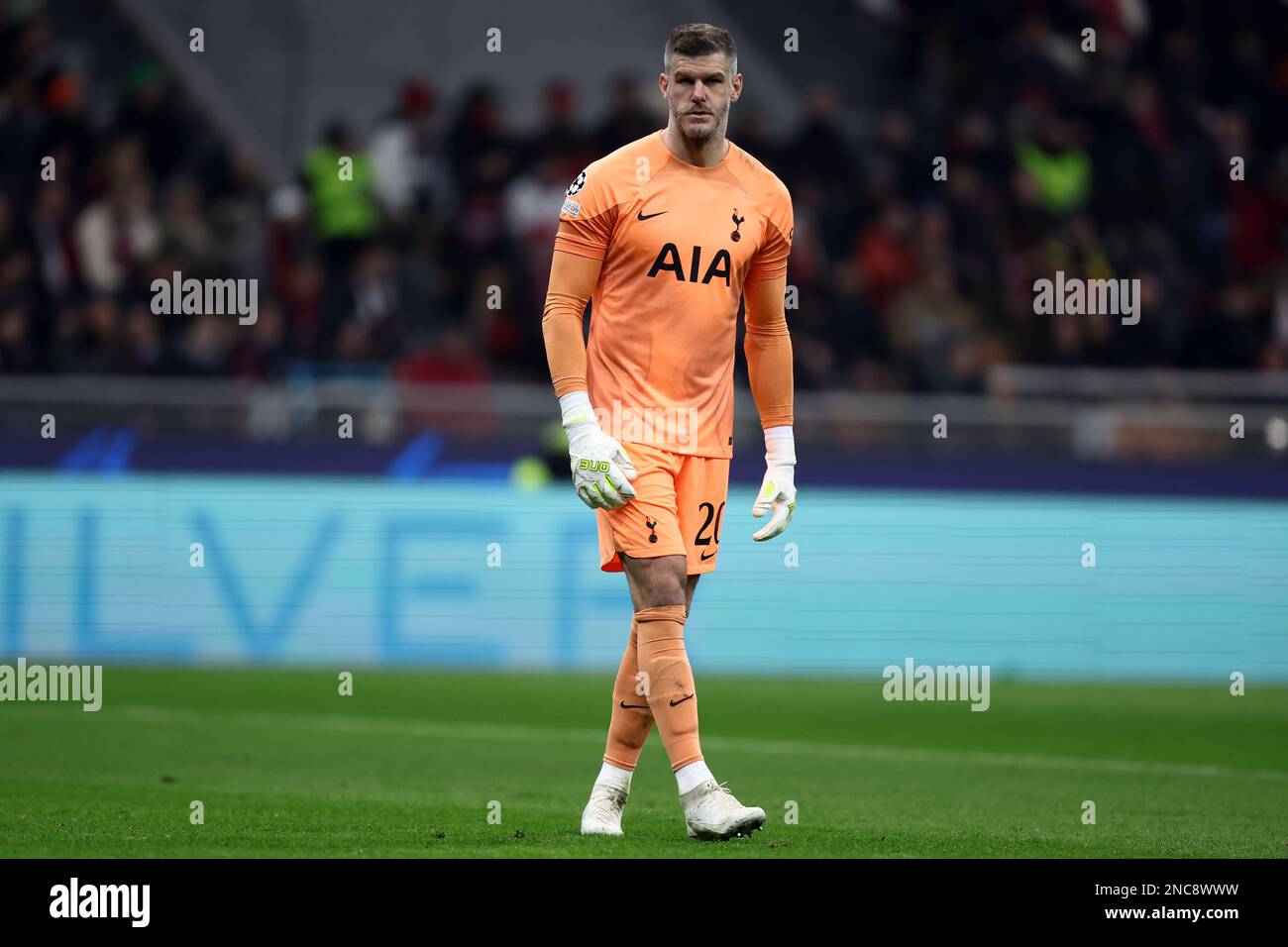 Milan, Italy. February 14, 2023, Milan, Italy. 14/02/2023, Fraser Forster of Tottenham Hotspur Fc looks on during the UEFA Champions League round of 16 first leg match between AC Milan and Tottenham Hotspur Fc at Giuseppe Meazza Stadium on February 14, 2023 in Milan, Italy. Stock Photo