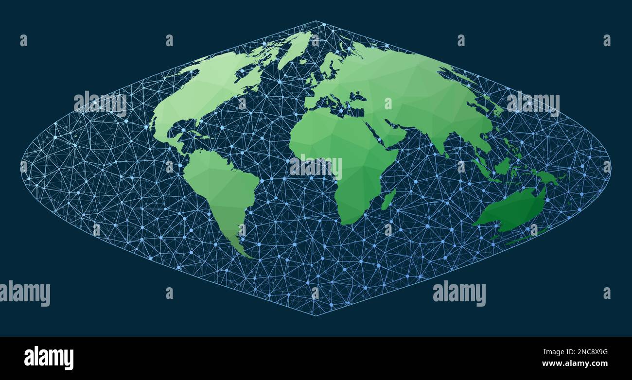 Global network. Sinusoidal projection. Green low poly world map with