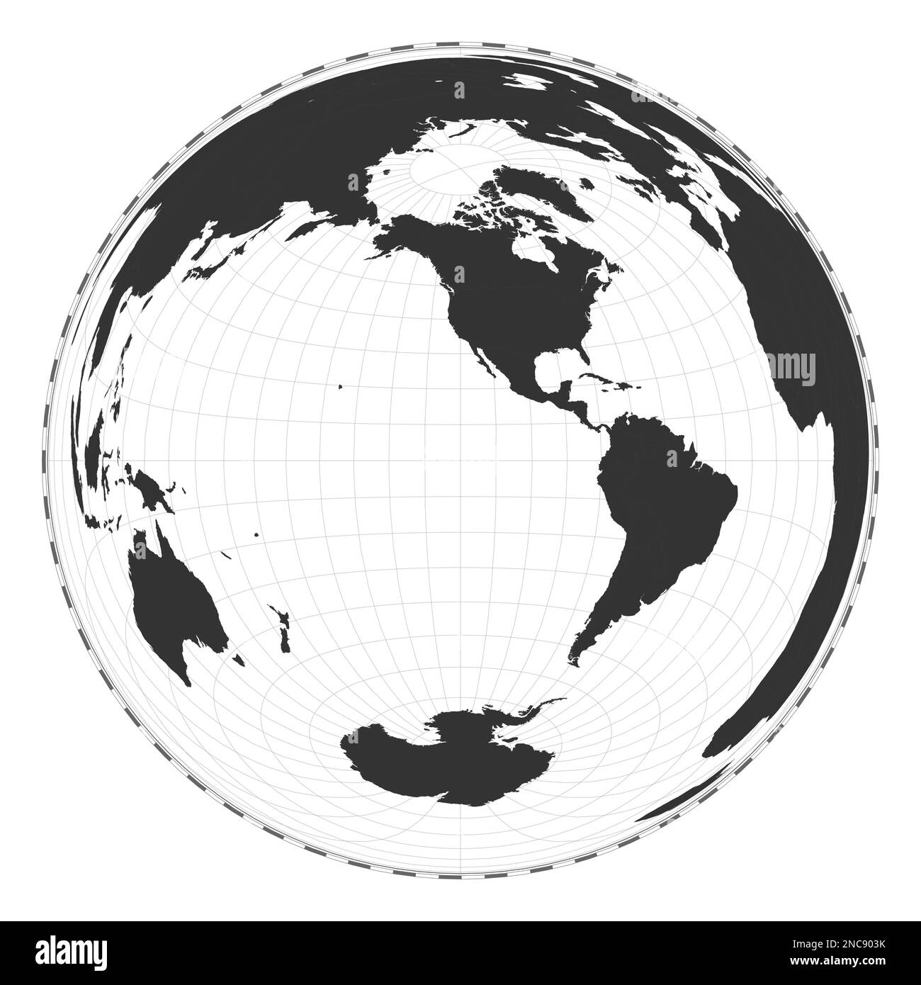 Vector world map. Lambert azimuthal equal-area projection. Plain world geographical map with latitude and longitude lines. Centered to 120deg E longit Stock Vector