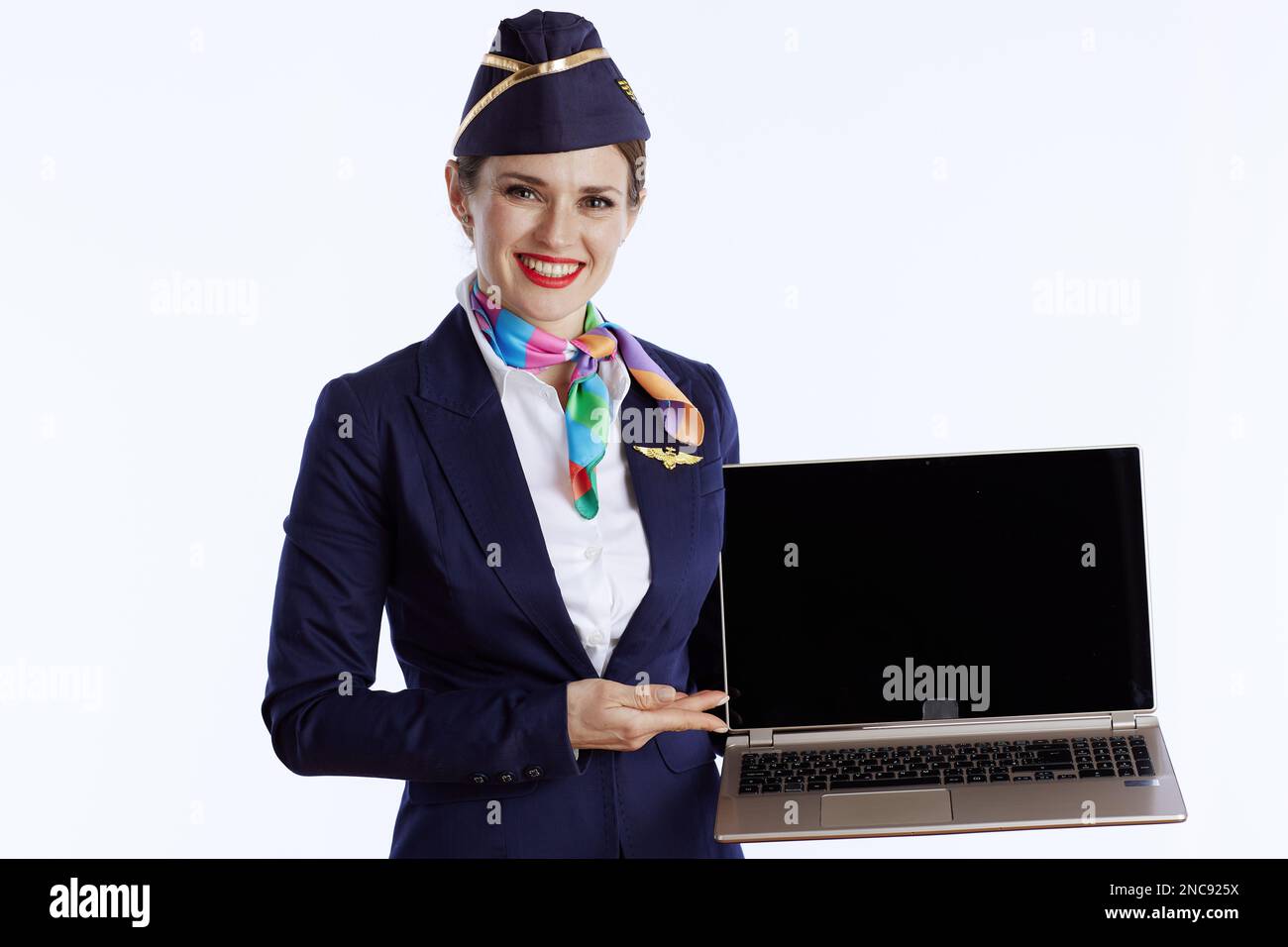 happy elegant flight attendant woman isolated on white background in ...
