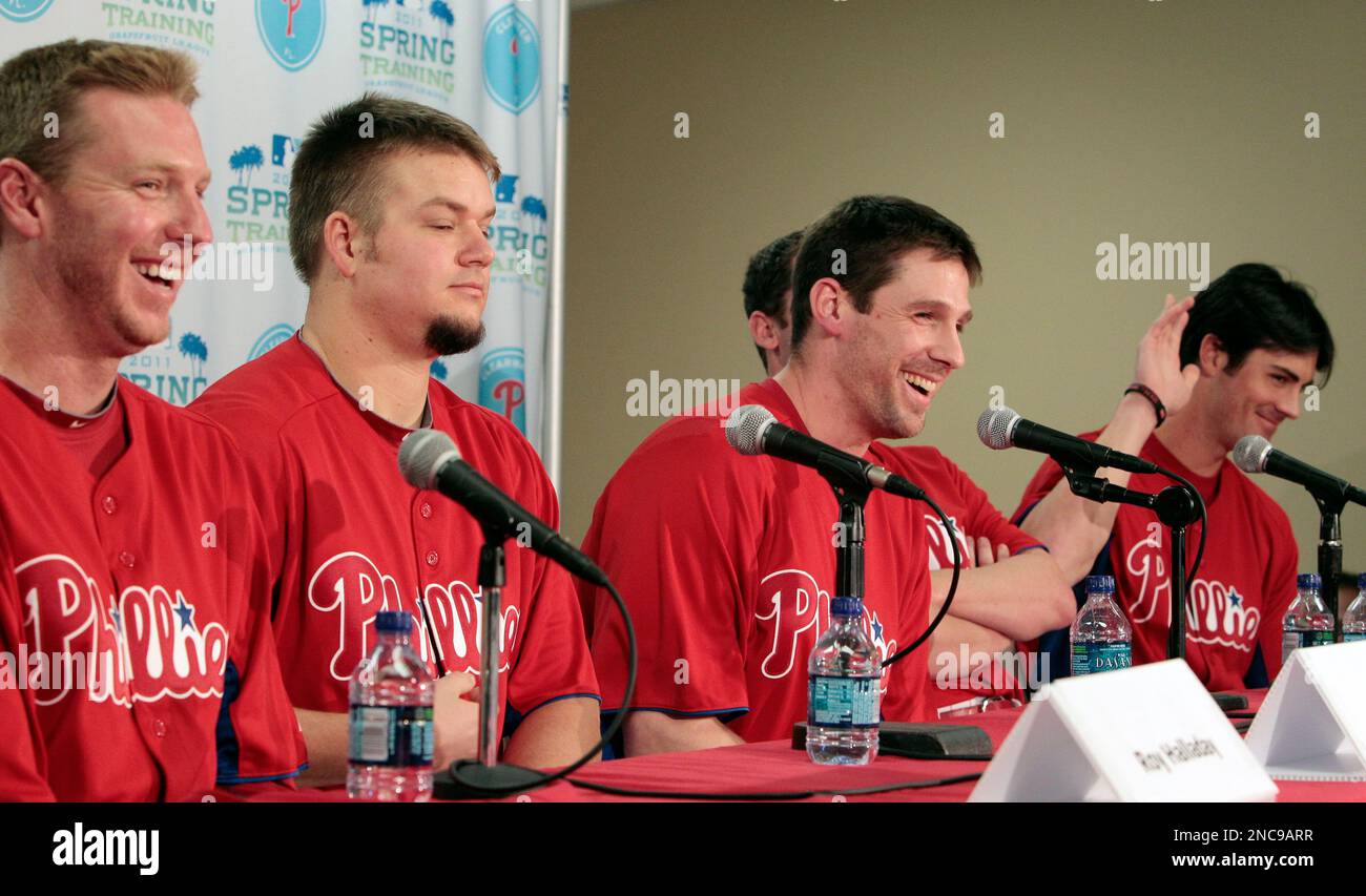 From left, Philadelphia Phillies pitchers Roy Oswalt, Joe Blanton