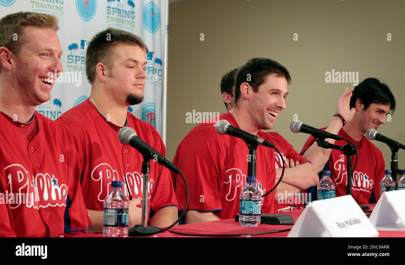 From left, Philadelphia Phillies pitchers Roy Oswalt, Joe Blanton and Roy  Halladay enter the ballpark in their green St. Patrick's Day jersey prior  to action against the Toronto Blue Jays at Bright