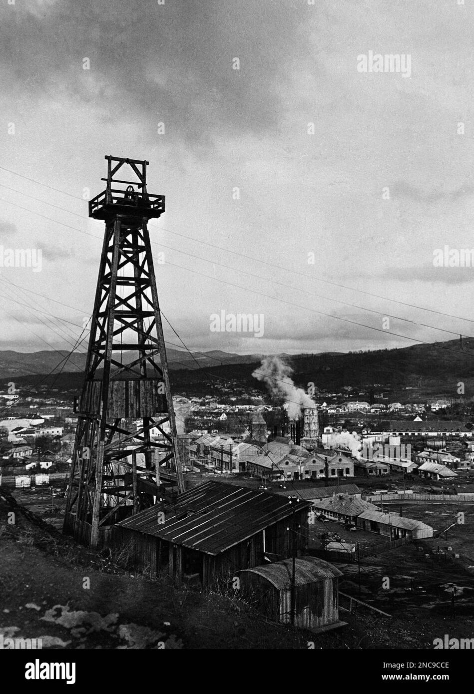 A view of the oil town of Moreni, Romania, seen from neighboring hills ...