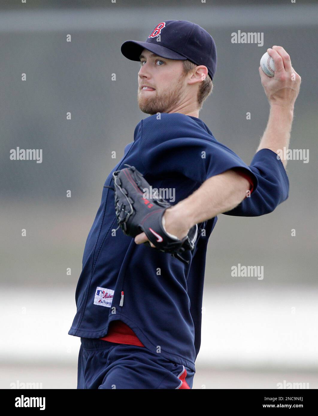 Boston Red Sox pitcher Daniel Bard throws at the Red Sox training