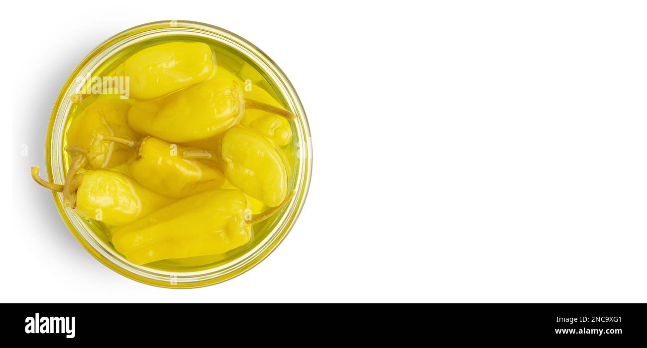 Pickled yellow pepper, pepperoncini or friggitelli in bowl isolated on