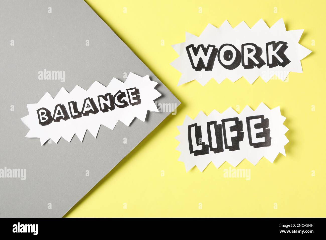 Paper sheets with words Work, Balance, Life on color background, flat ...