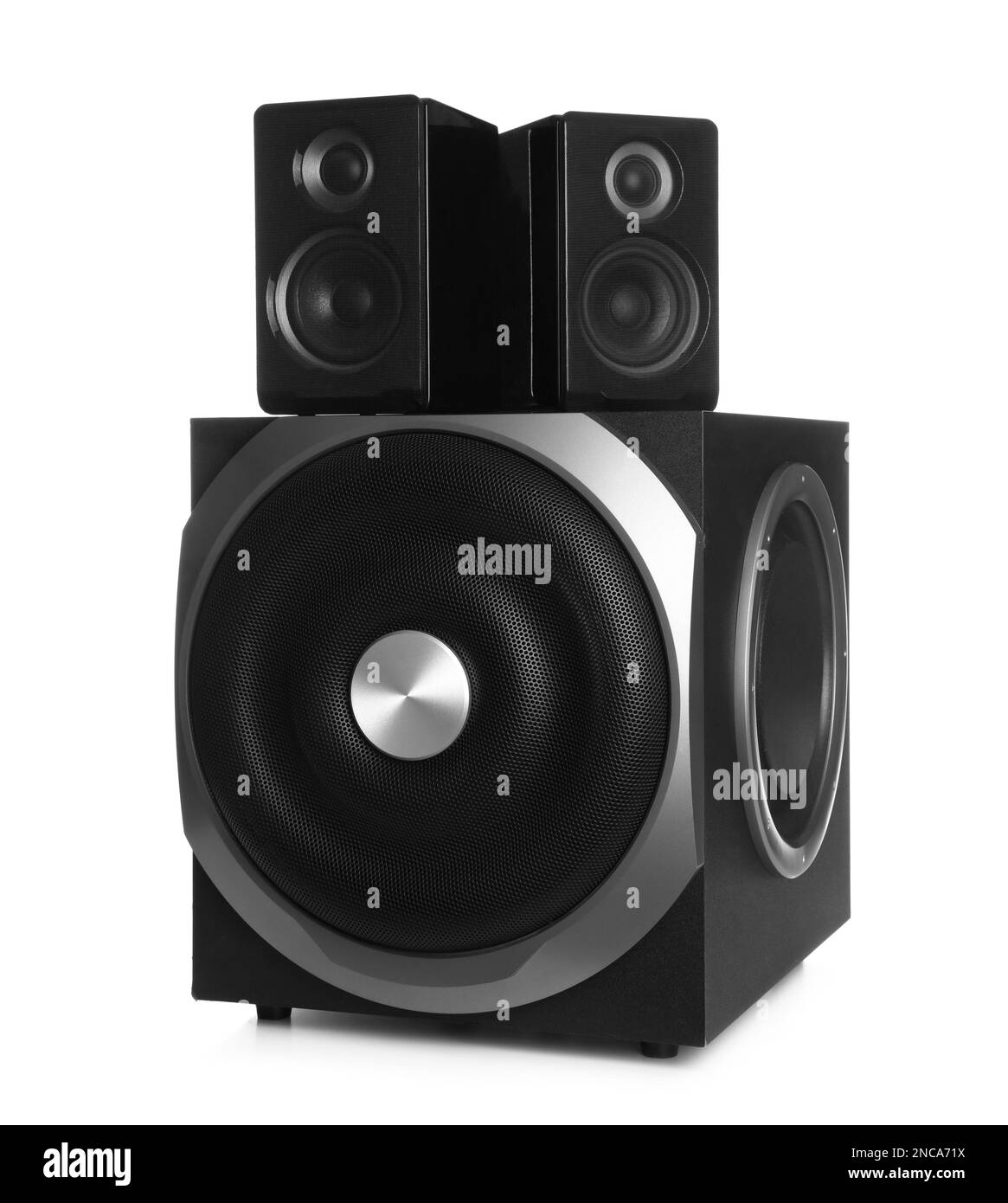 Modern powerful audio speaker system on white background Stock Photo