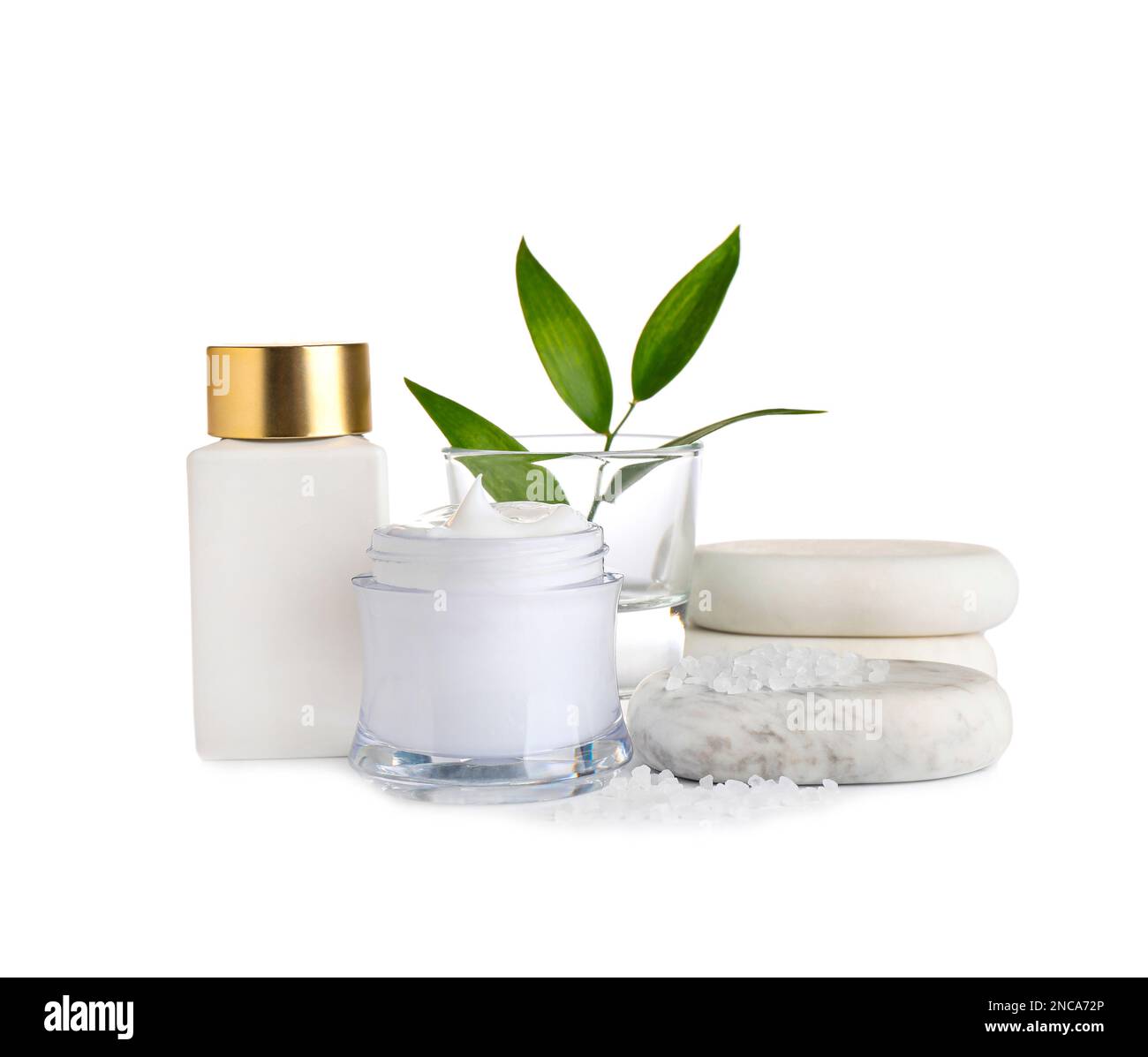 Composition with cream and spa stones on white background Stock Photo ...
