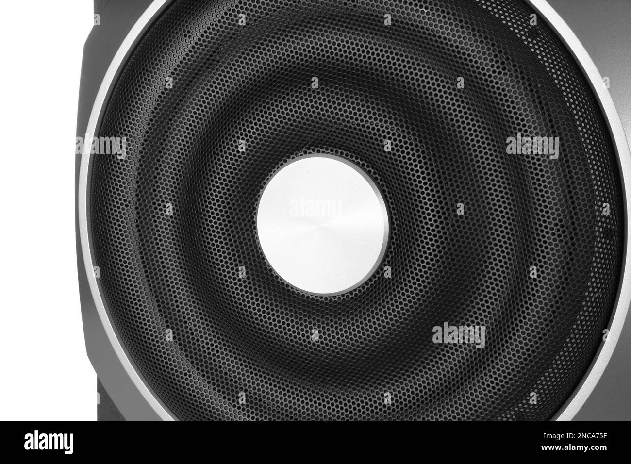 Modern subwoofer isolated on white. Powerful audio speaker Stock Photo