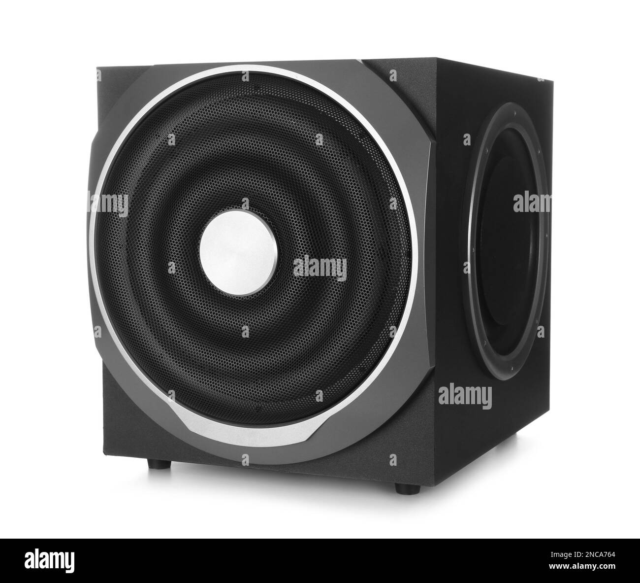Modern subwoofer isolated on white. Powerful audio speaker Stock Photo