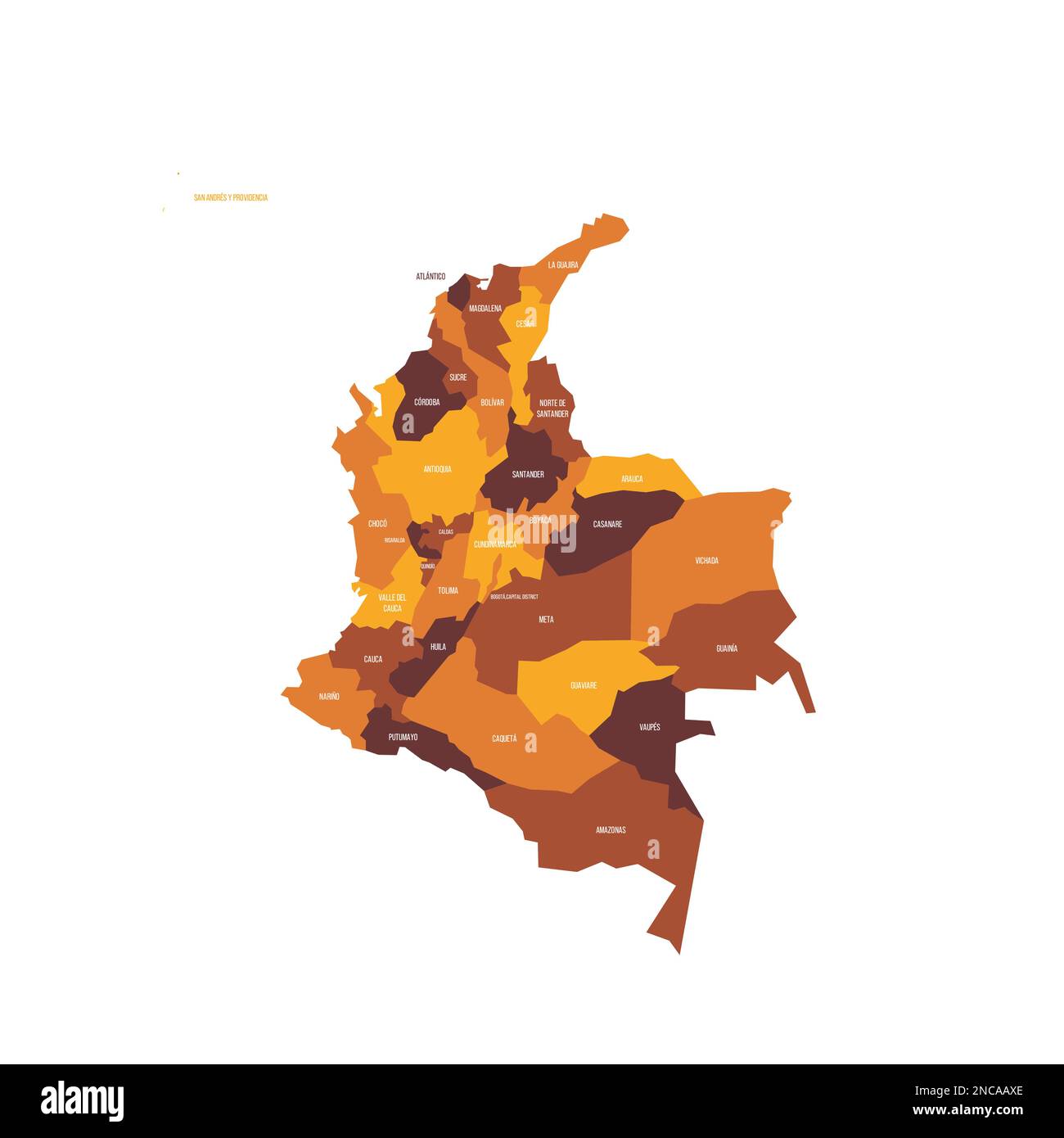 Colombia political map of administrative divisions - departments and capital district. Flat vector map with name labels. Brown - orange color scheme. Stock Vector