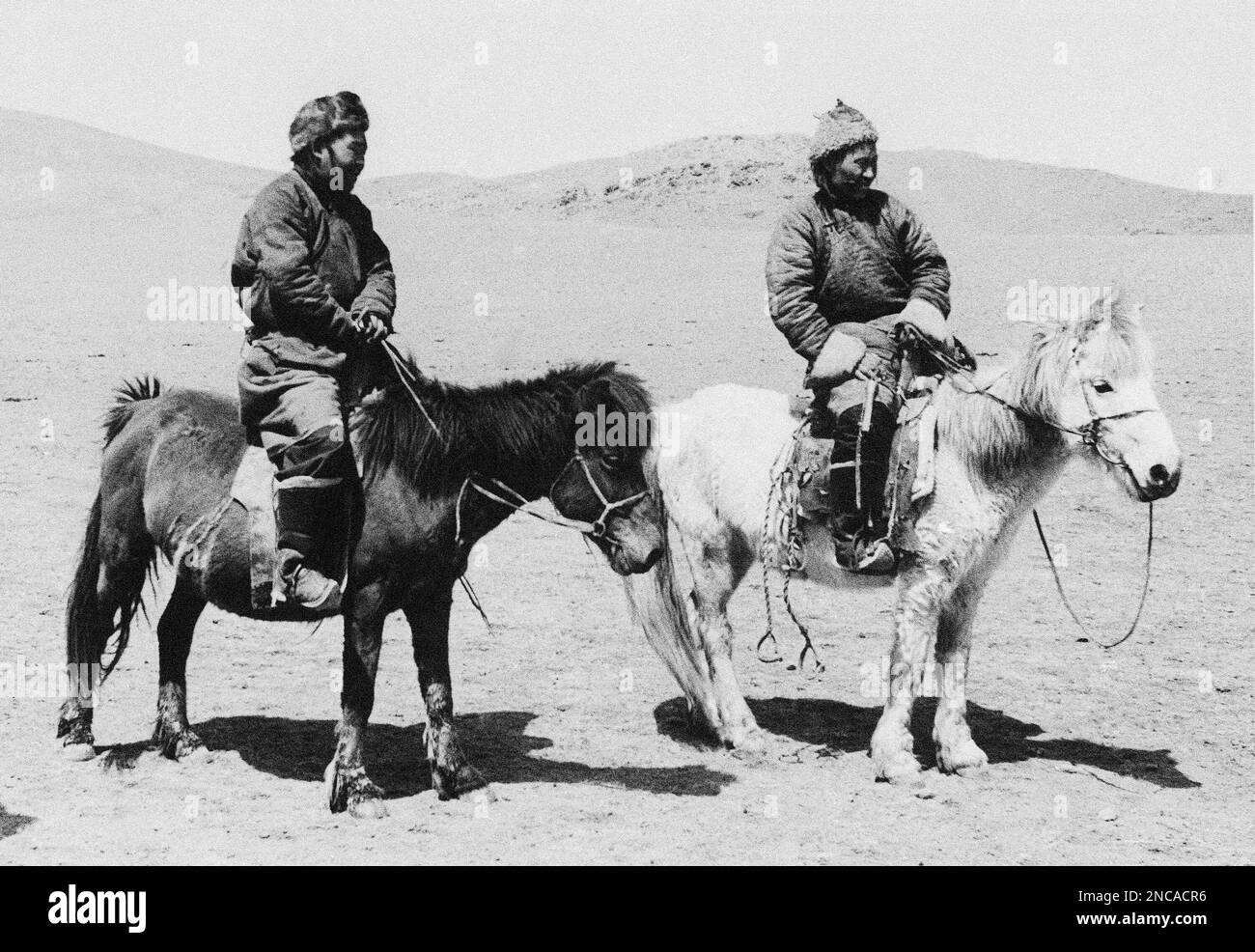 A Mongolian herdsman and his wife on their shaggy ponies pause on the ...