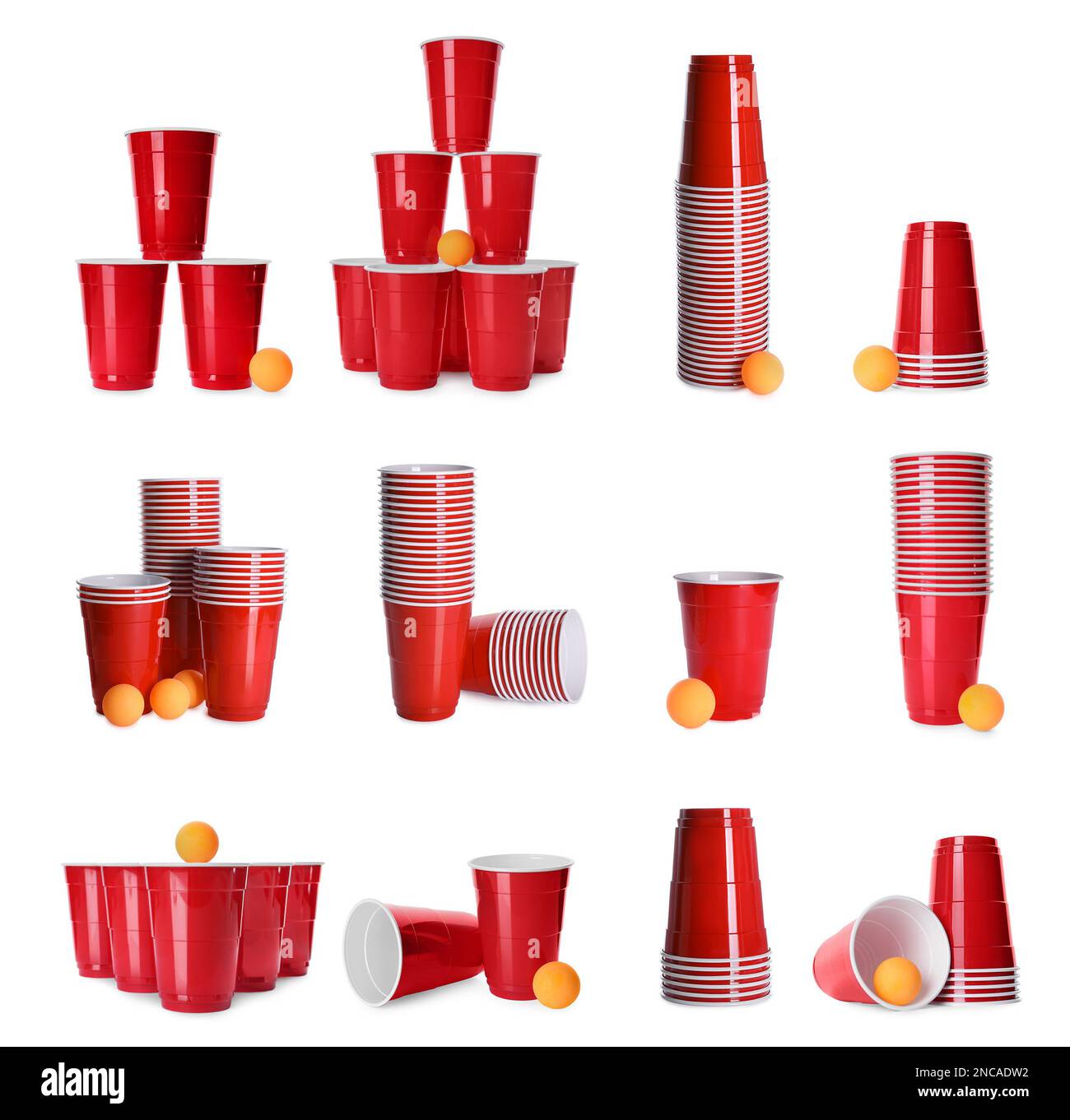 Beer pong. Set with red plastic cups and balls on white background