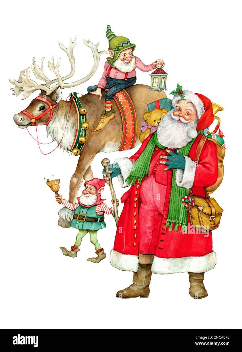 Santa walking with reindeer and christmas elves on white. Stock Photo