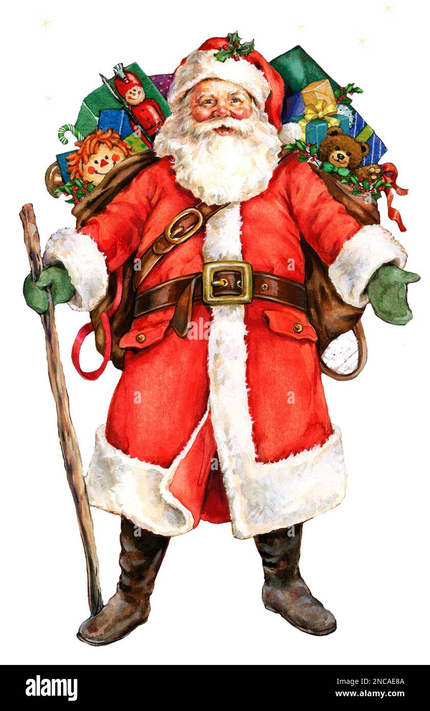 Santa standing with staff and toy sack on white background Stock Photo