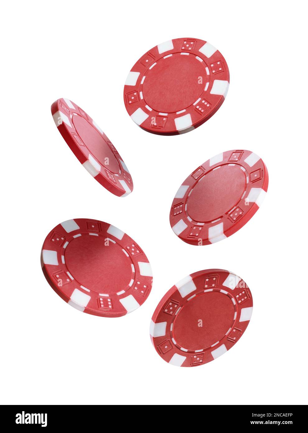 Red casino chips falling on white background Stock Photo Alamy
