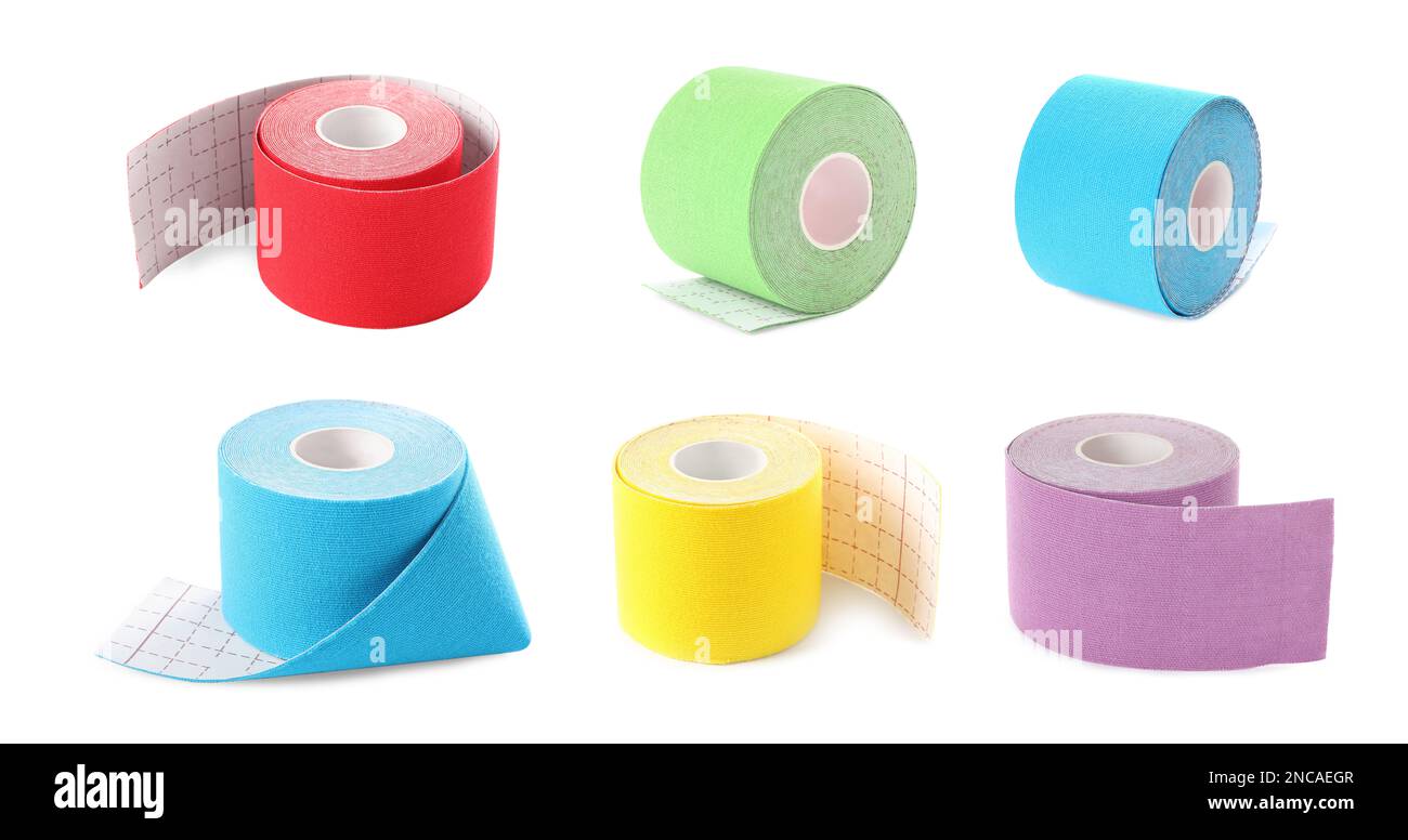 Set with different color kinesio tapes on white background. Banner