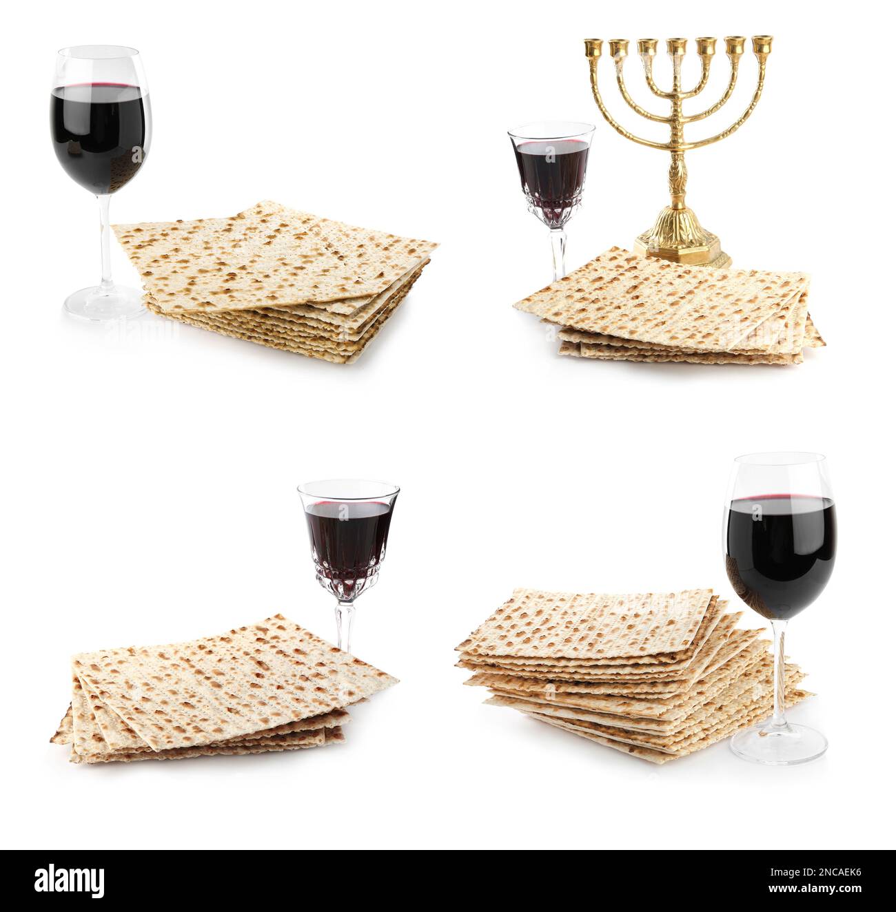 Set with Passover matzos, red wine and menorah on white background