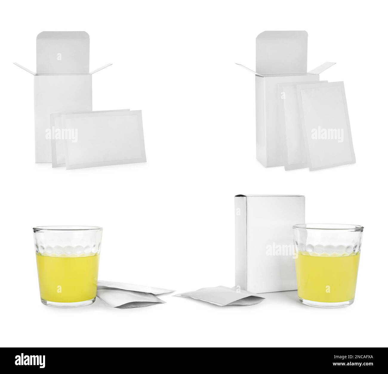 Set with sachets of medicine on white background Stock Photo Alamy