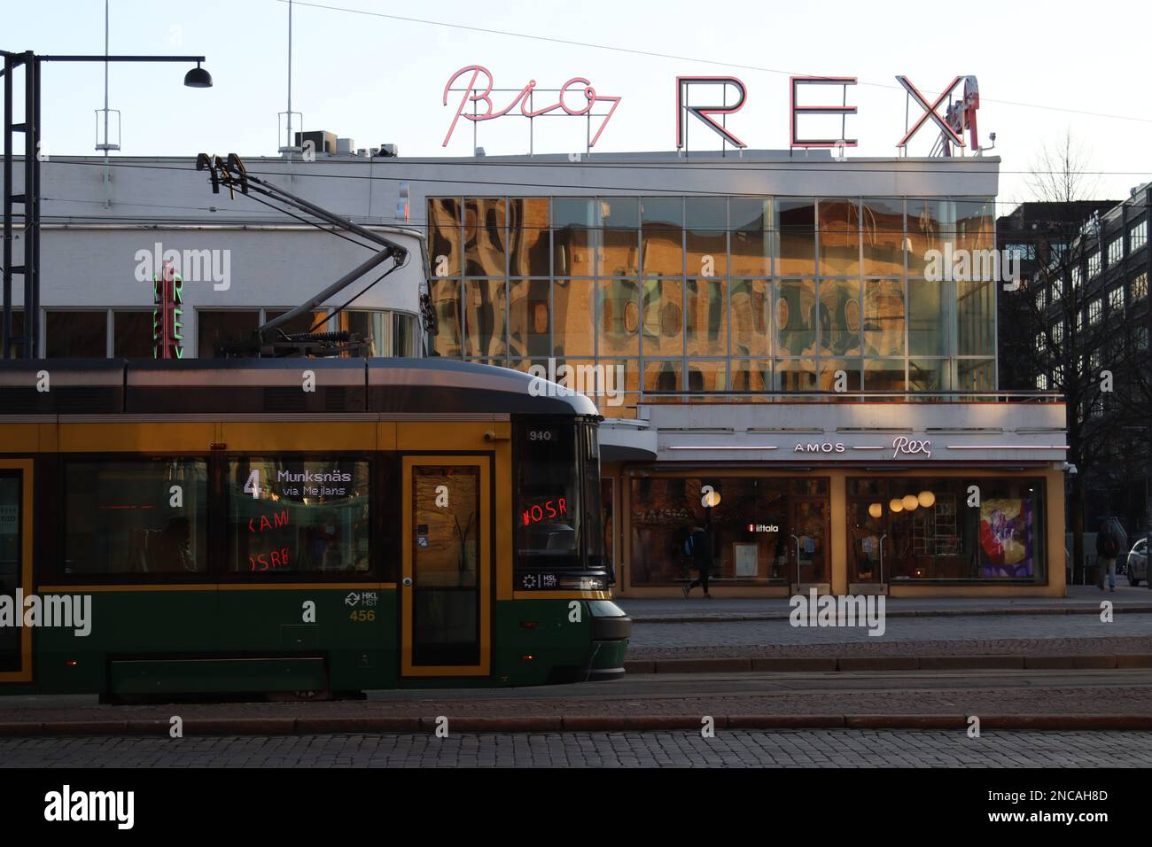 City center Helsinki, Finland, The entrance to Amos Rex Museum, sign, functionalist building, green old tram, public transport, Bio Rex at Lasipalatsi Stock Photo