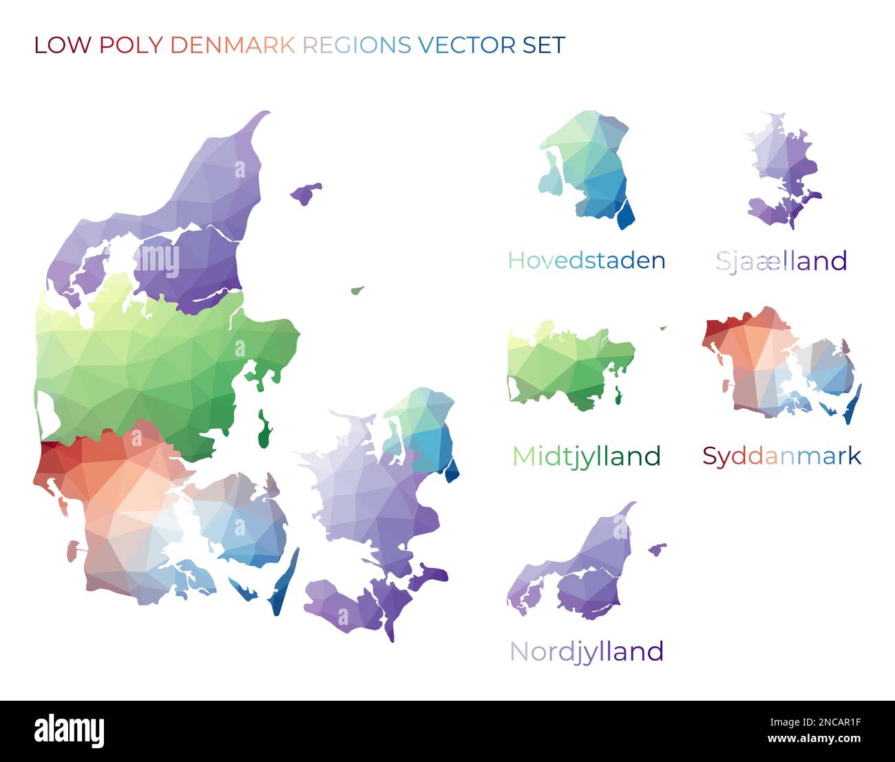 Danish low poly regions. Polygonal map of Denmark with regions