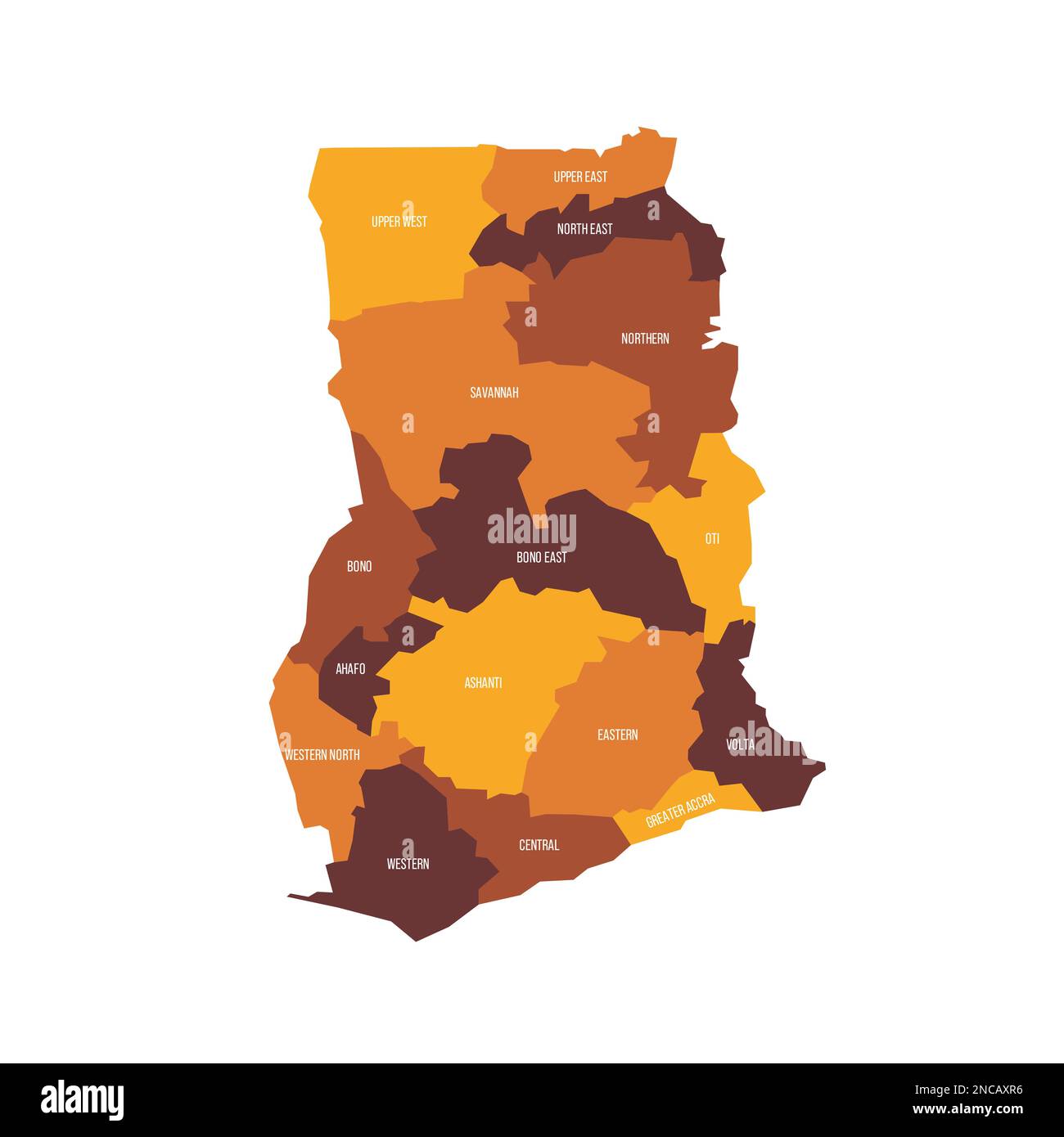 Ghana political map of administrative divisions regions. Flat vector
