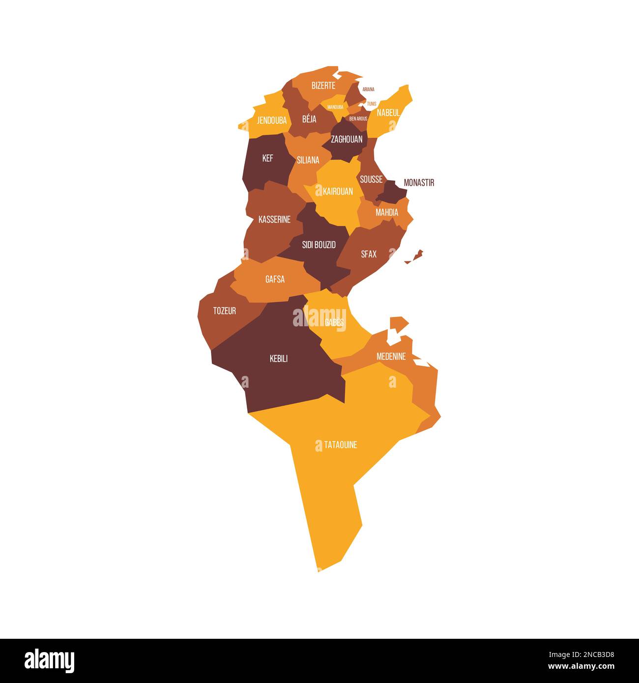 Tunisia political map of administrative divisions governorates. Flat vector map with name