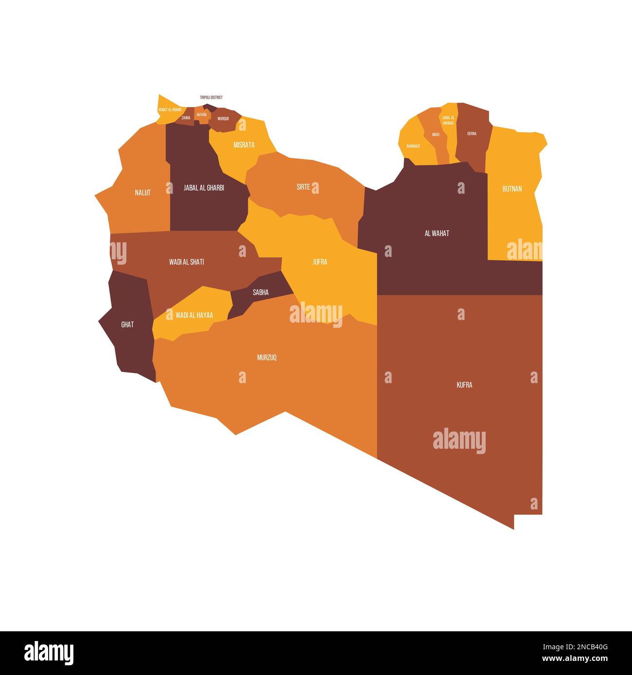 Libya Political Map Of Administrative Divisions Districts Flat Libya Political Map Of Administrative Divisions Districts Flat Vector Map With Name Labels Brown Orange Color Scheme 2NCB40G
