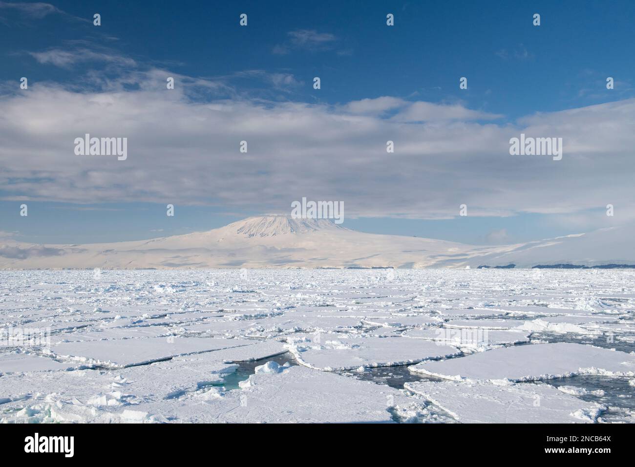 Antarctica, Ross Island, Ross Sea. Pack ice in front of Mount Erebus ...