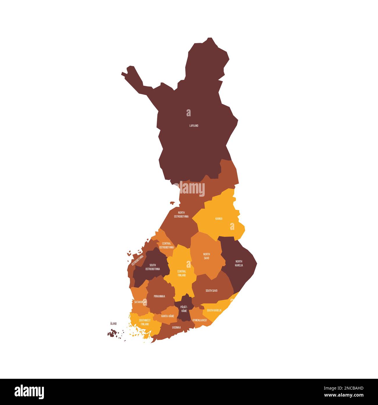 Finland political map of administrative divisions - regions and one autonomous region of Aland. Flat vector map with name labels. Brown - orange color scheme. Stock Vector