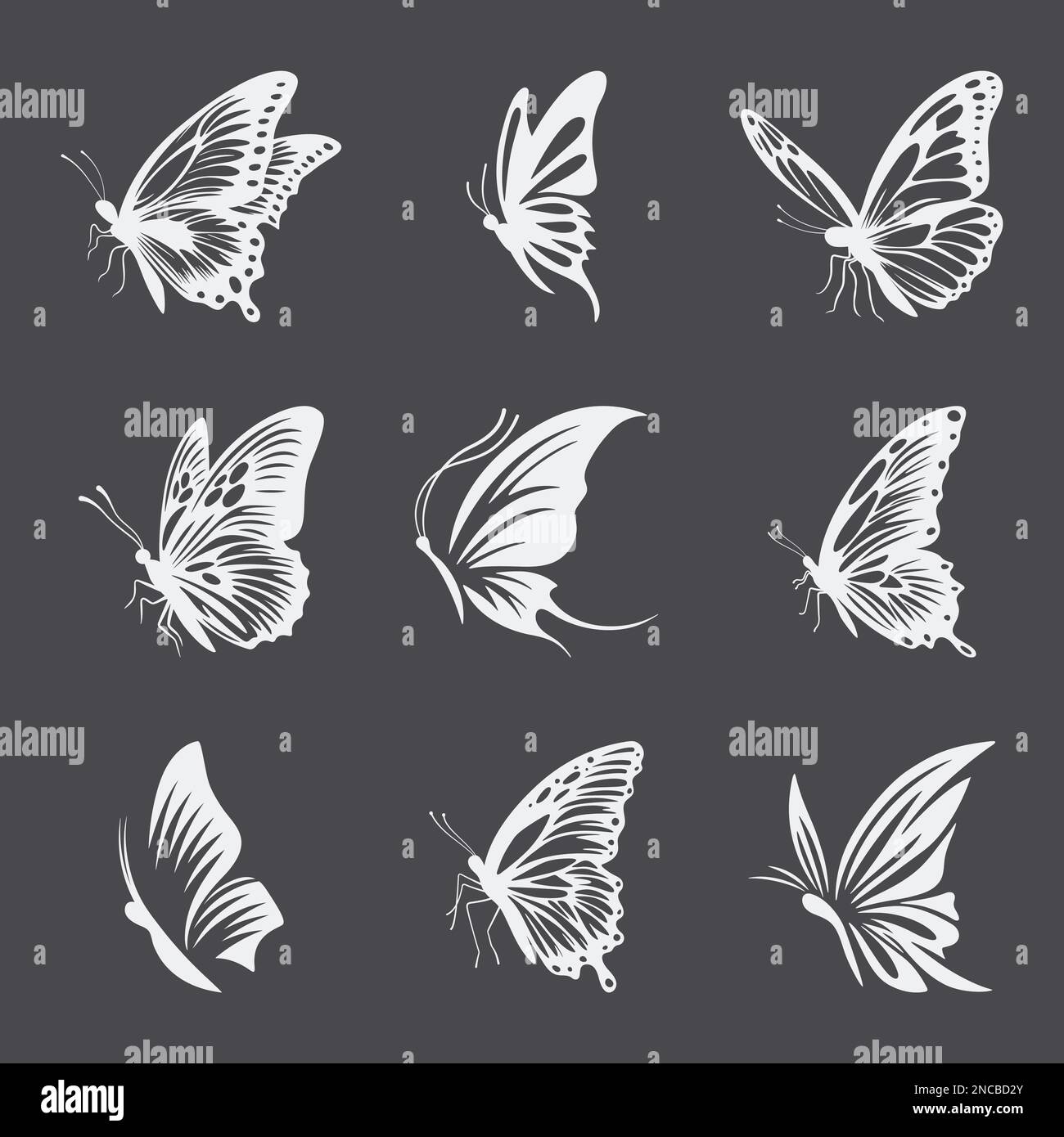 Vector Monochrome Black and White Hand Drawn Butterfly Icon Set ...