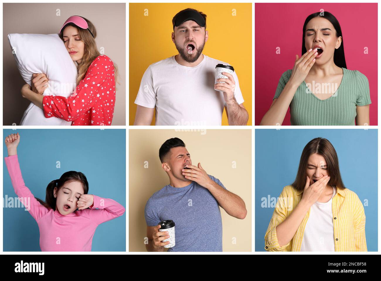 Sleepy people yawning on different color backgrounds, collage Stock Photo