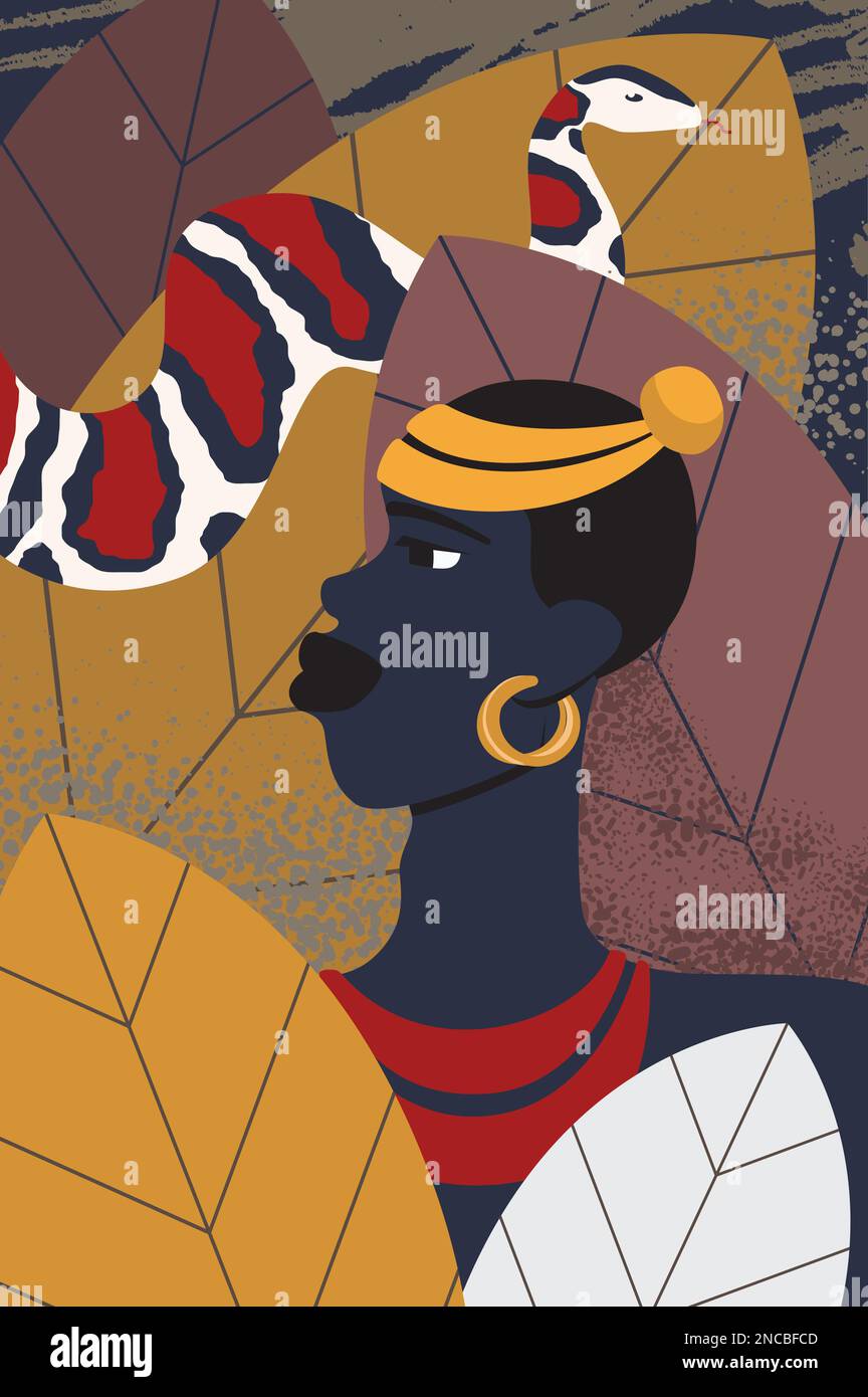 African woman portrait. Tribal design wallpaper, wall decor, africa traditional headdress vector cartoon illustration Stock Vector