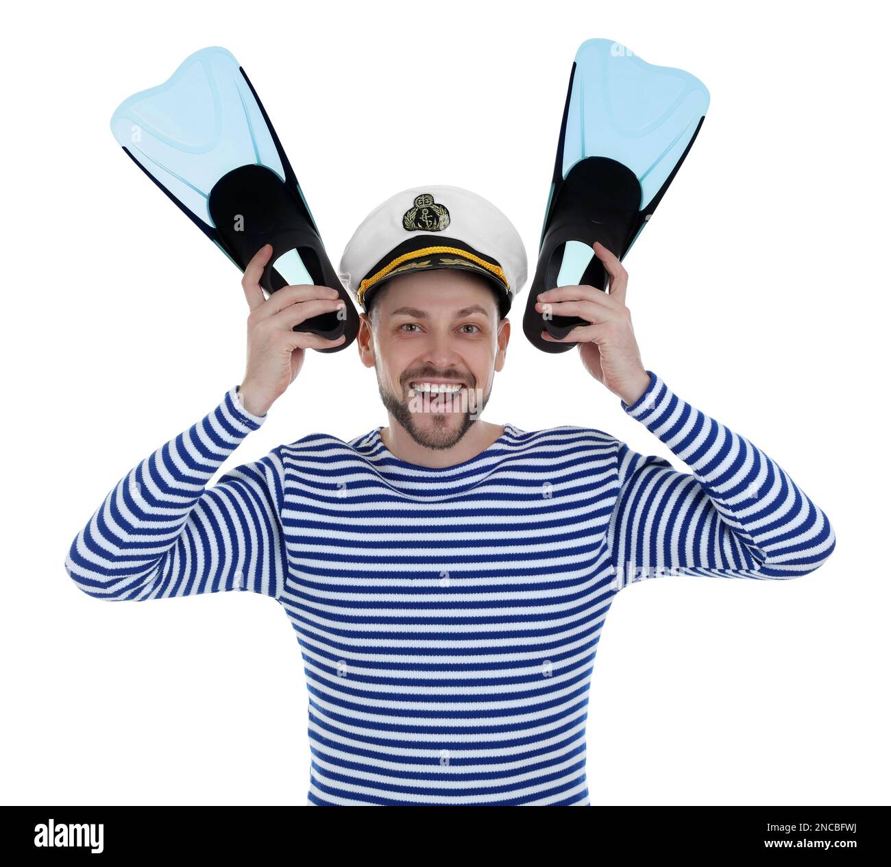 Happy sailor with swim fins on white background Stock Photo - Alamy