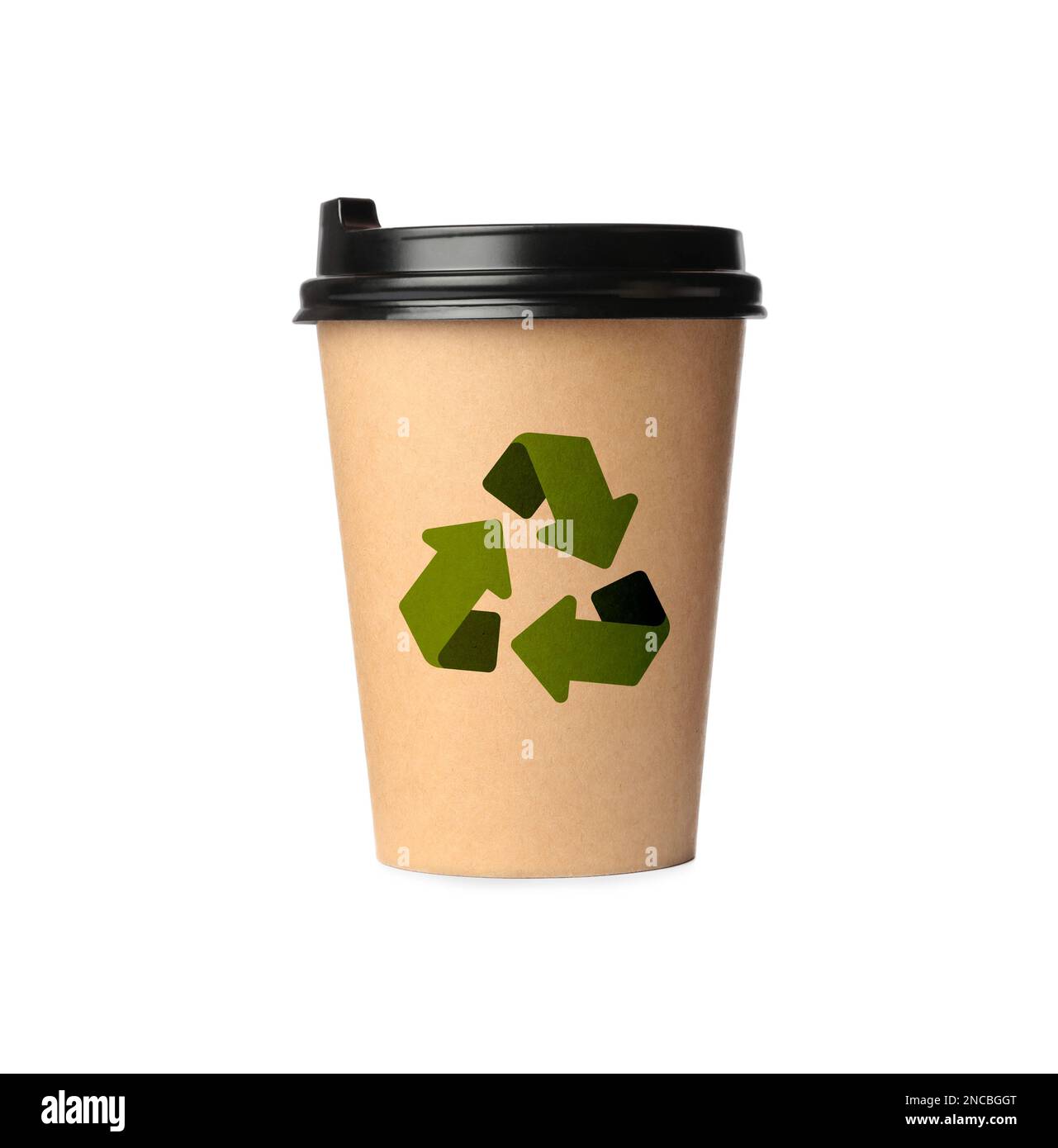 Takeaway paper coffee cup with recycling symbol on white background