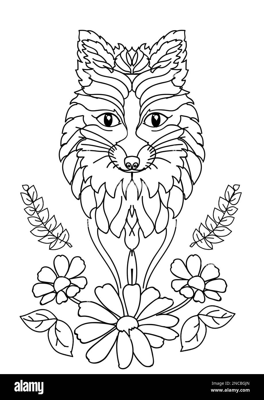 Wolf and flowers on white background, illustration. Coloring page Stock Photo