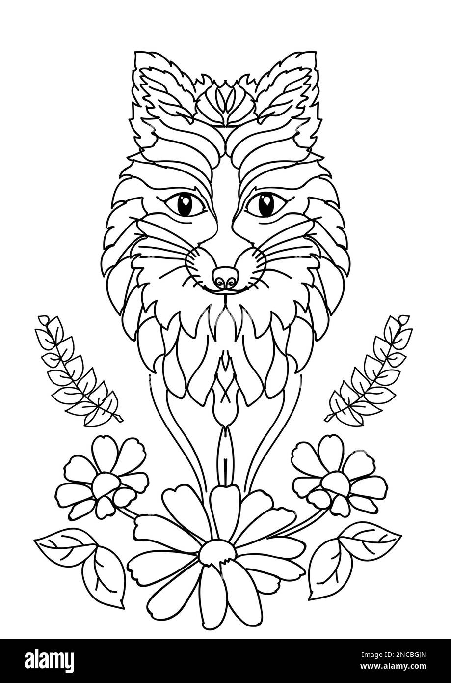 Wolf and flowers on white background, illustration. Coloring page Stock