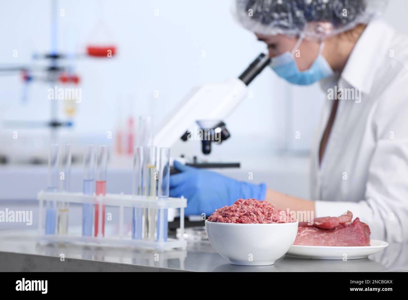Scientist proceeding quality control in laboratory. Meat analysis Stock