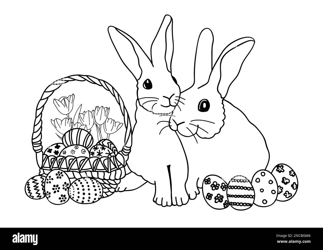 Cute bunnies and Easter eggs on white background, illustration. Coloring page Stock Photo