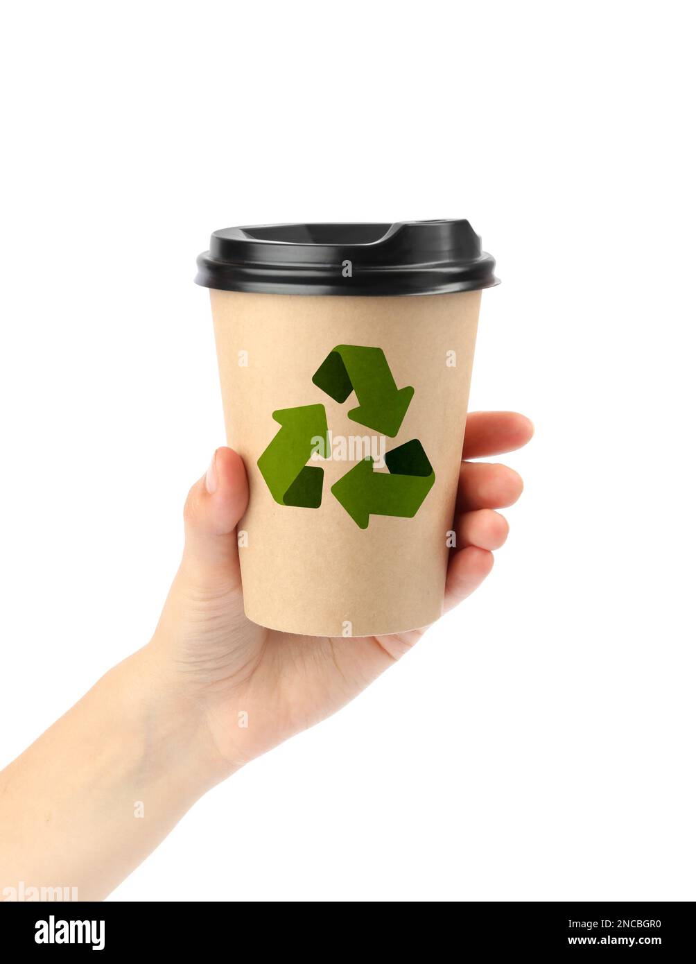 Woman holding takeaway paper coffee cup with recycling symbol on white ...