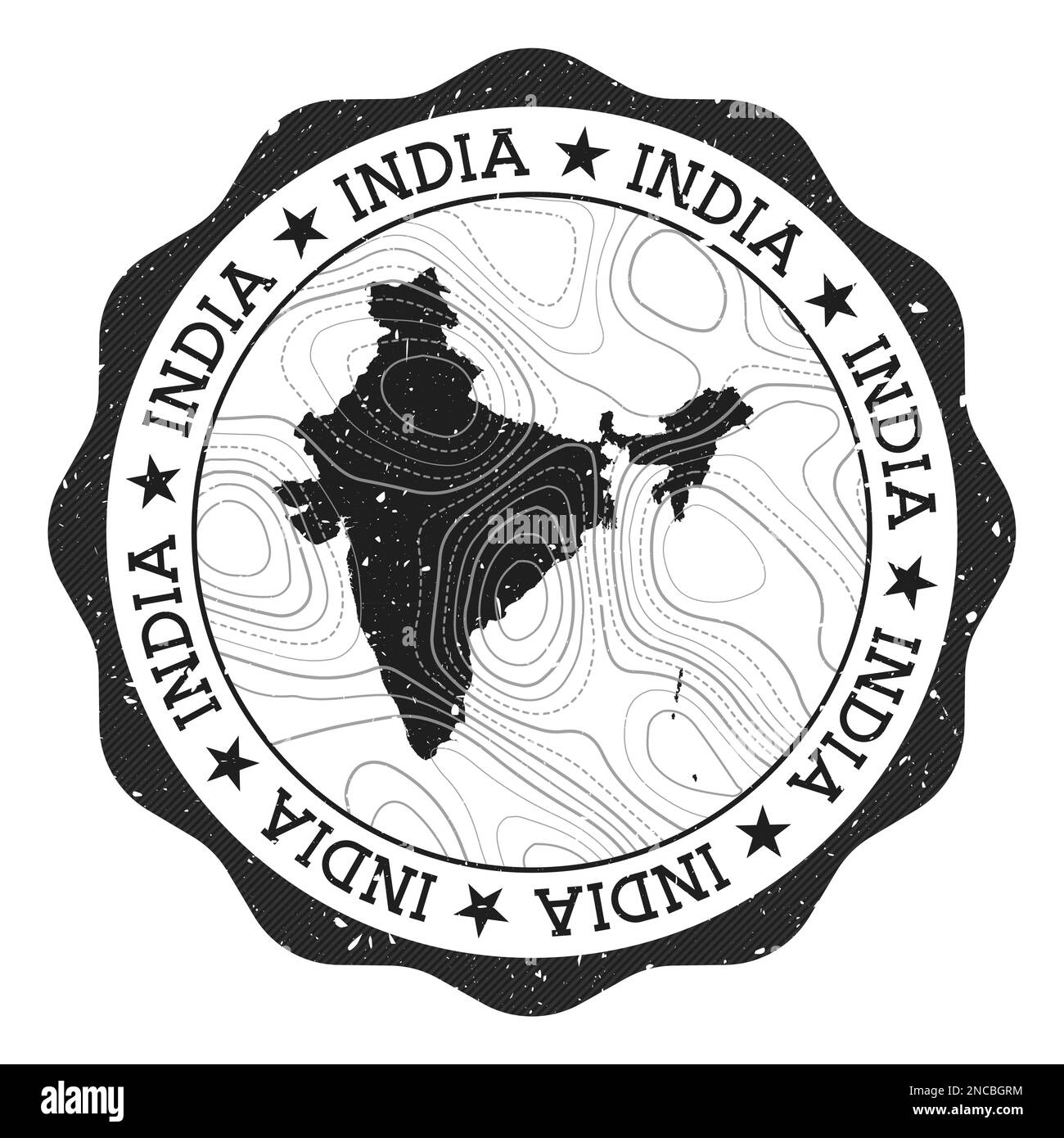 India outdoor stamp. Round sticker with map of country with topographic isolines. Vector illustration. Can be used as insignia, logotype, label, stick Stock Vector