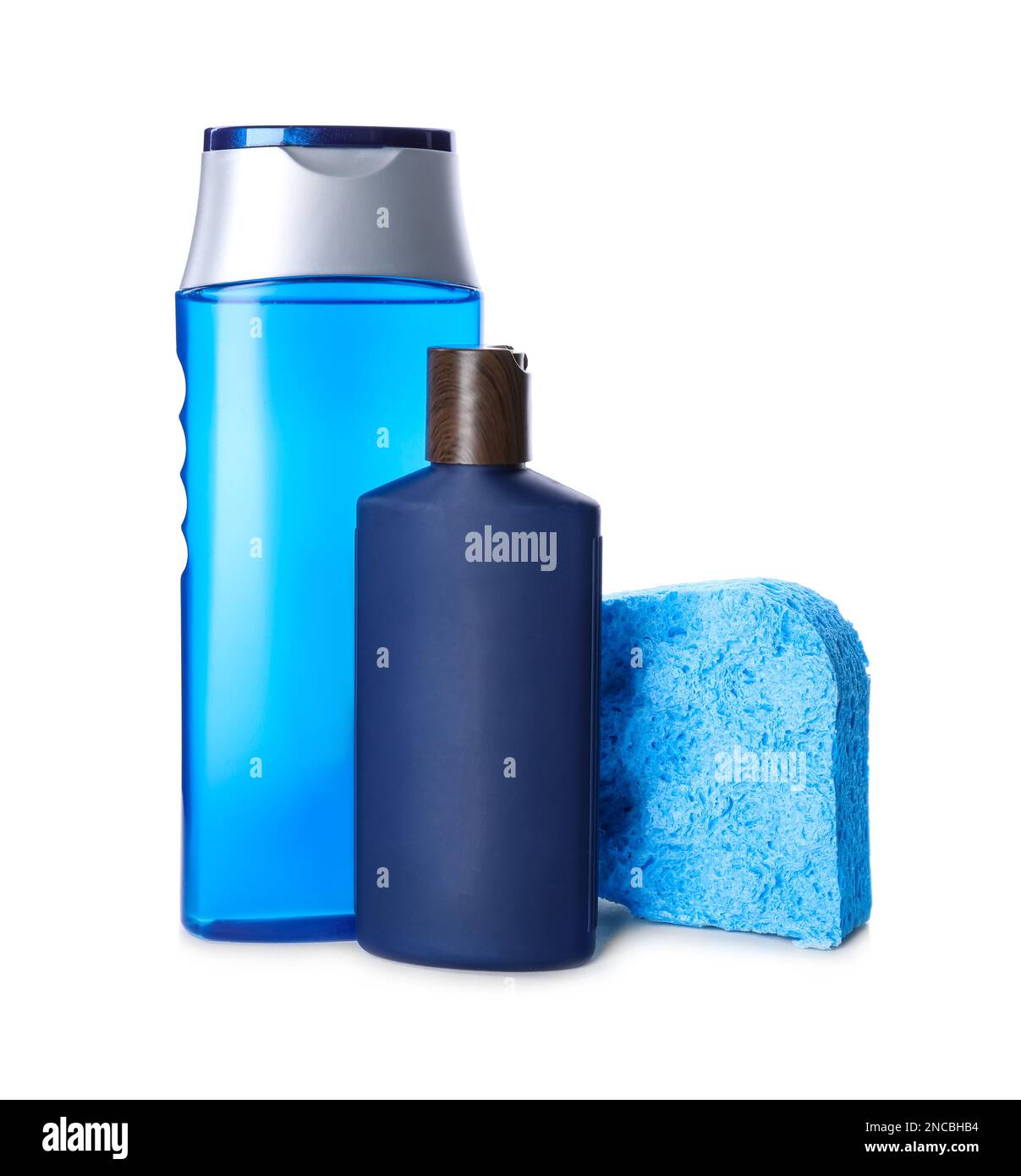 Shampoo, shower gel and bast wisp isolated on white. Men's cosmetic