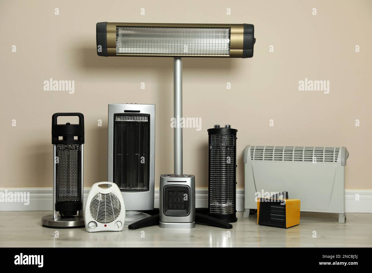 Various Heaters Different electric heaters near beige wall indoors Stock Photo - Alamy