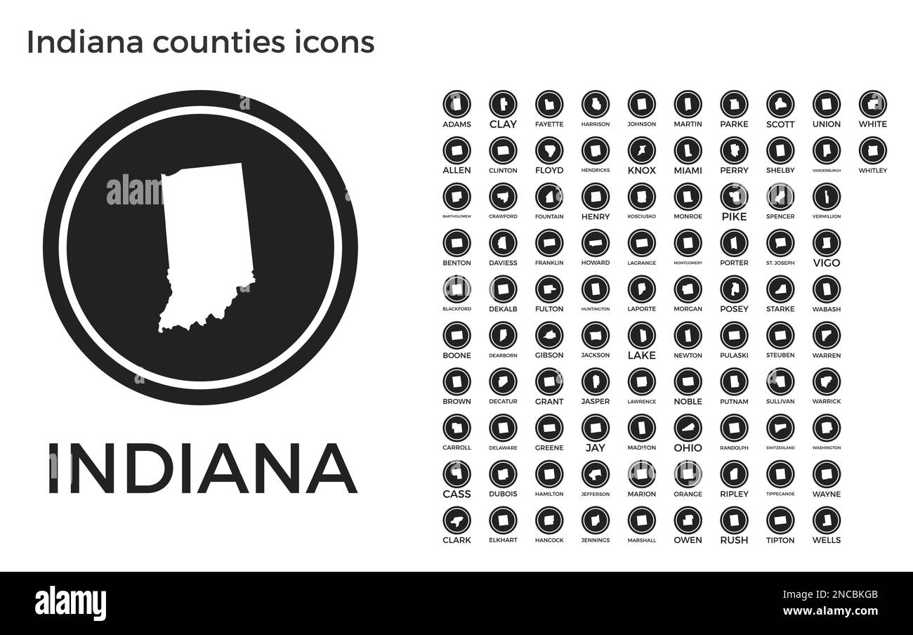 Indiana counties icons Black round - Indiana Counties Icons Black Round Logos With Us State Counties Maps And Titles Vector Illustration 2NCBKGB 