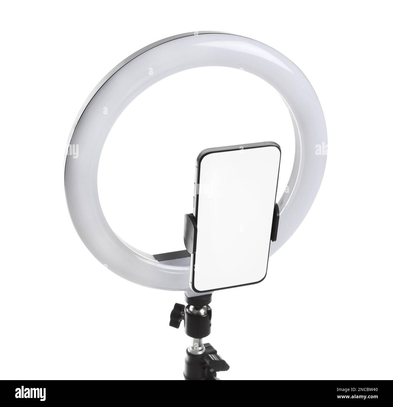 Modern tripod with ring light and smartphone isolated on white Stock ...