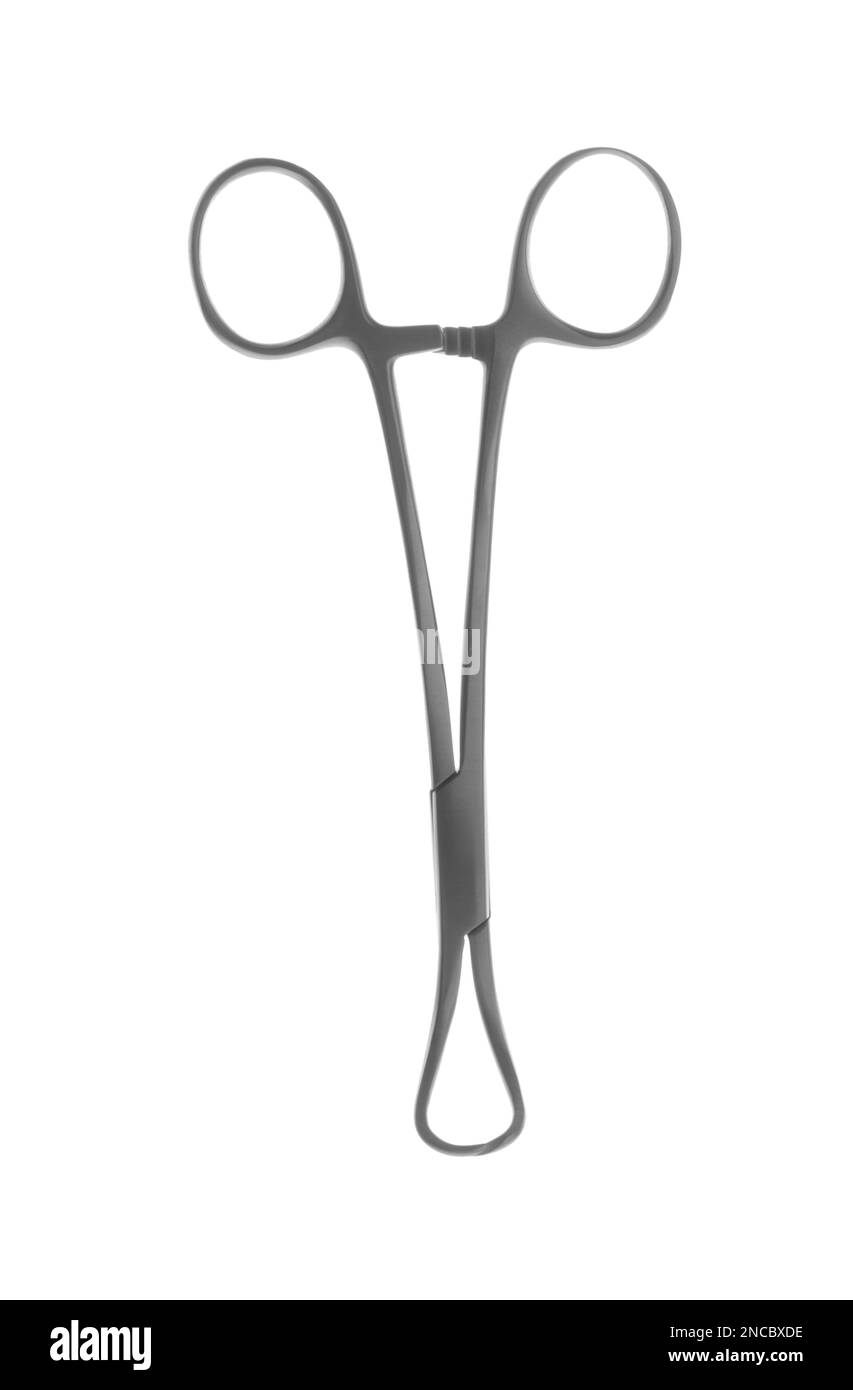 Surgical forceps on white background. Medical instrument Stock Photo